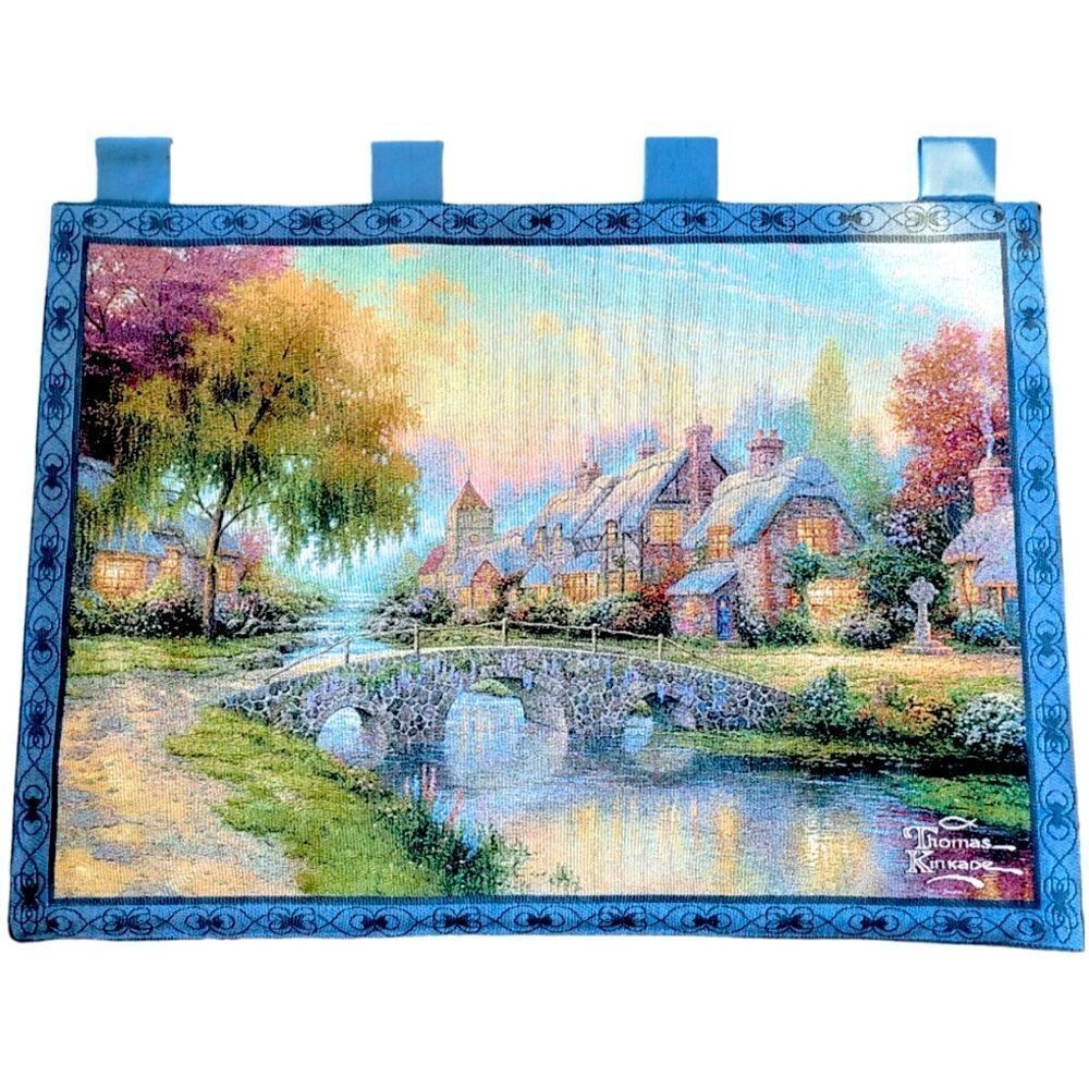 Thomas Kinkade Cobblestone‎ Bridge Tapestry Wall Hanging Cottagecore 36x26 USED